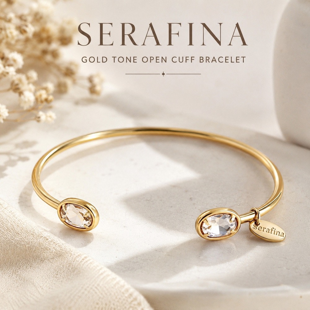 Serefina Gold Tone Open Cuff Bracelet Crystal Oval Terminals OS
